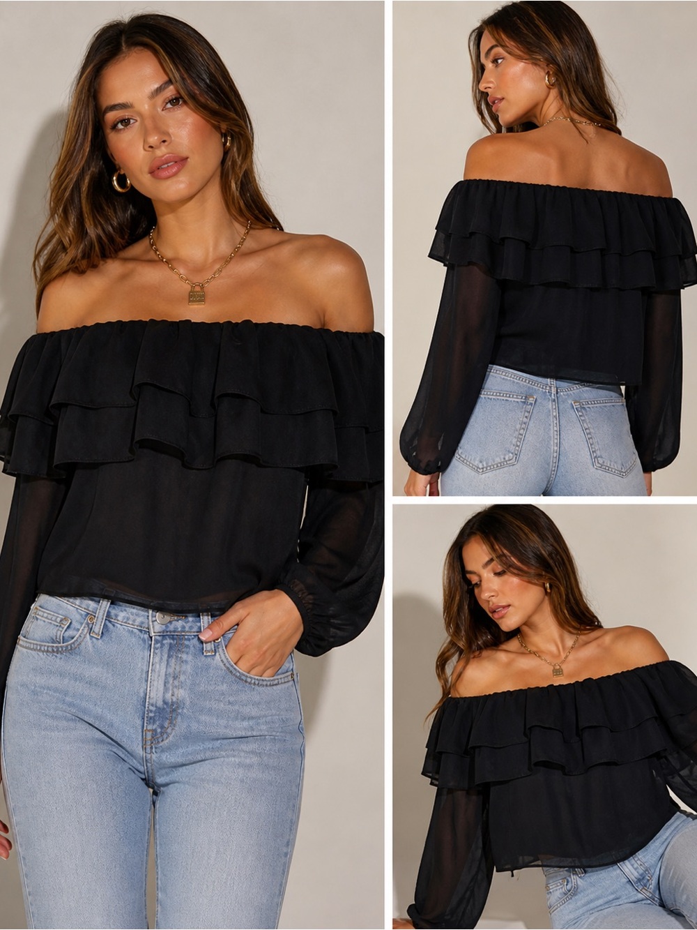 Glamorous Black Off-Shoulder Ruffle Blouse
